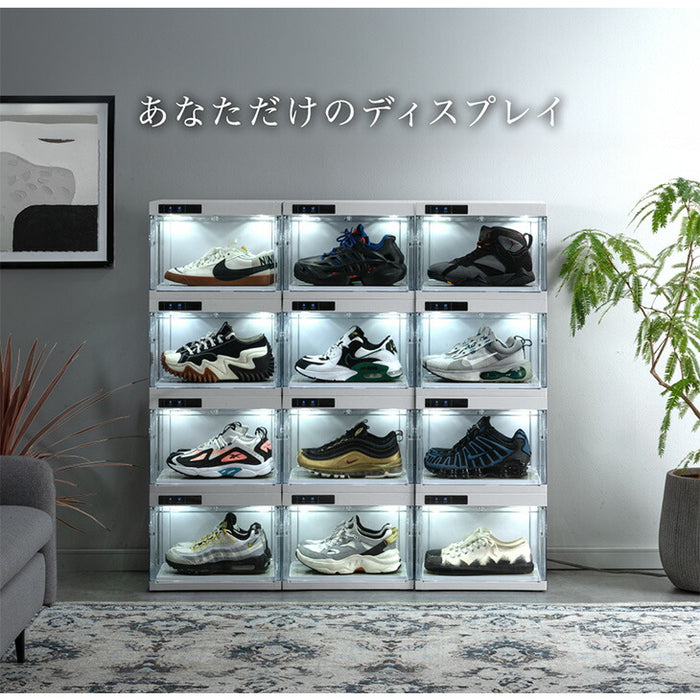 【新発売記念プライス】［1個］LEDライト付き シューズボックス 自動開閉 完成品 靴箱 ショーケース シューズラック コレクションケース〔01700006〕