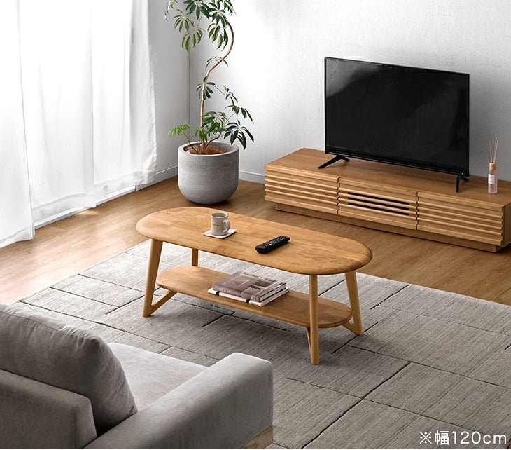 ［幅120cm］センターテーブル 天然木 アルダー 棚付き リビングテーブル 楕円形 木製 シンプル〔04800007〕