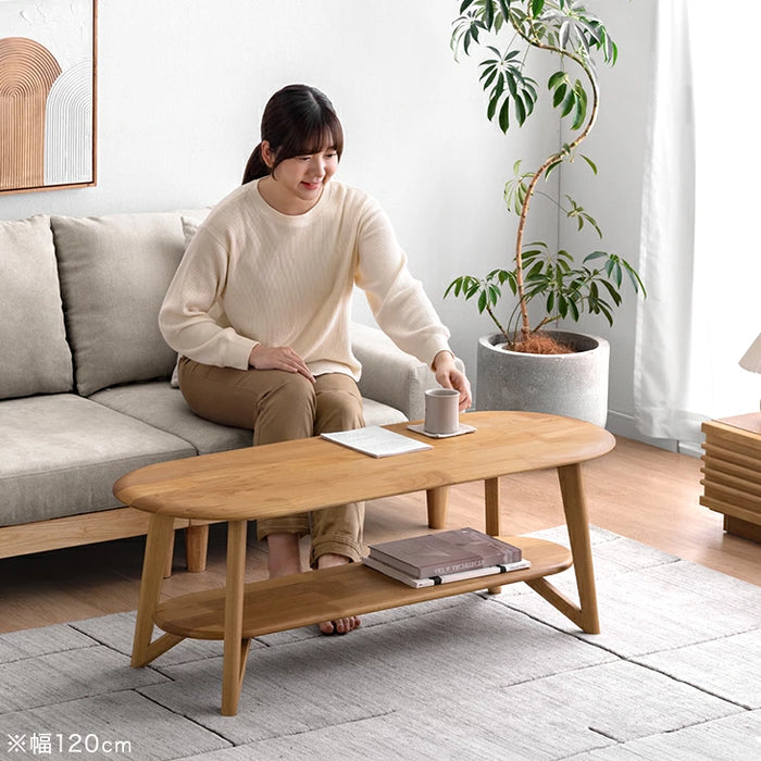 ［幅120cm］センターテーブル 天然木 アルダー 棚付き リビングテーブル 楕円形 木製 シンプル〔04800007〕