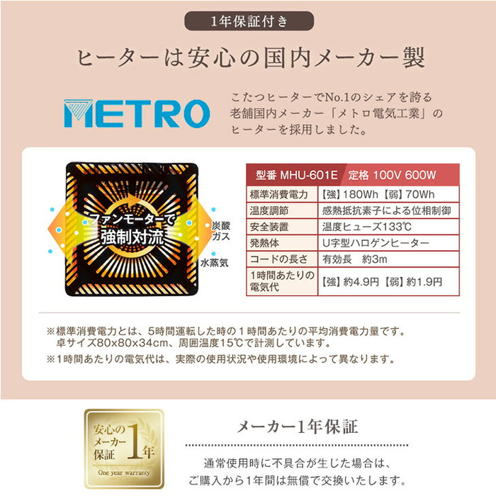 ［4点セット］速暖2秒 600Wハロゲン ダイニングこたつ 90×75 高さ調節 手元コントローラー 長方形 回転椅子〔99900204〕