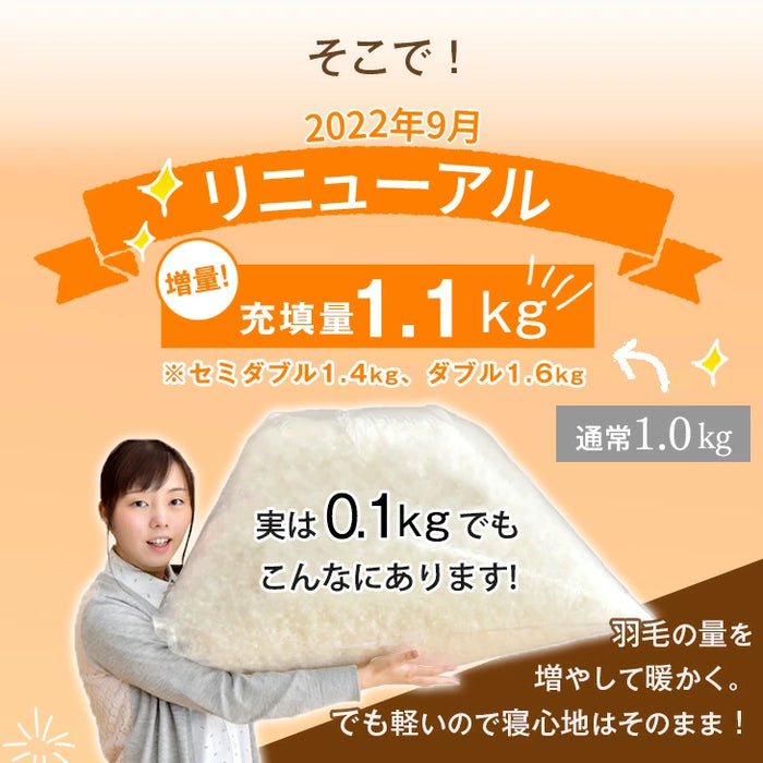 【増量リニューアル】［ダブル］羽毛布団 ホワイトダックダウン93％ 立体キルト 日本製 軽量 暖かい〔10106502〕