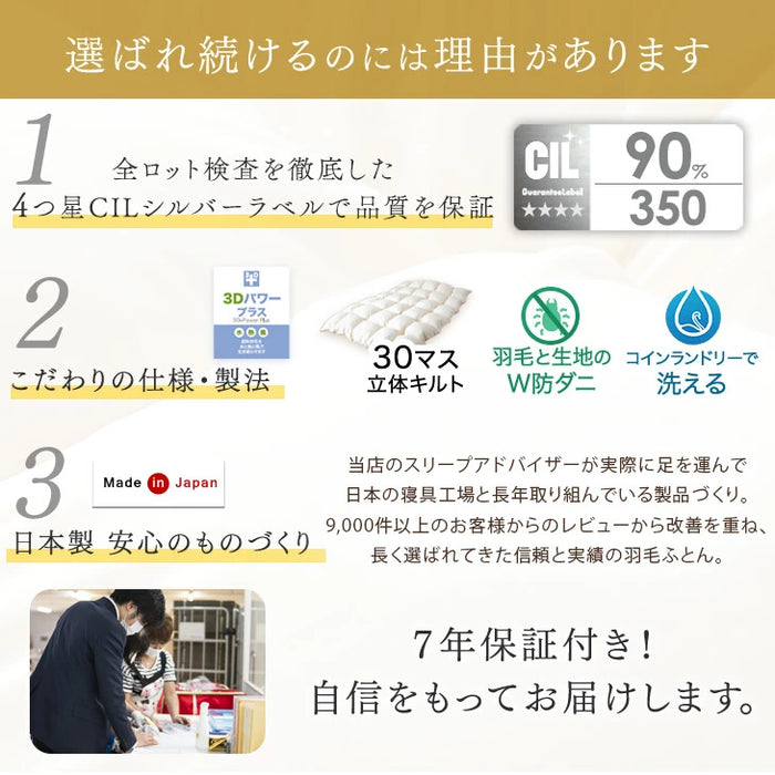 ≪累計30万枚突破≫ [シングル] 羽毛布団 ホワイトダックダウン90％ W防ダニ 日本製 CILシルバーラベル 抗菌 2倍洗浄 30マスキルト 350dp以上 かさ高145mm以上 7年保証 ウォッシャブル 〔10119001〕