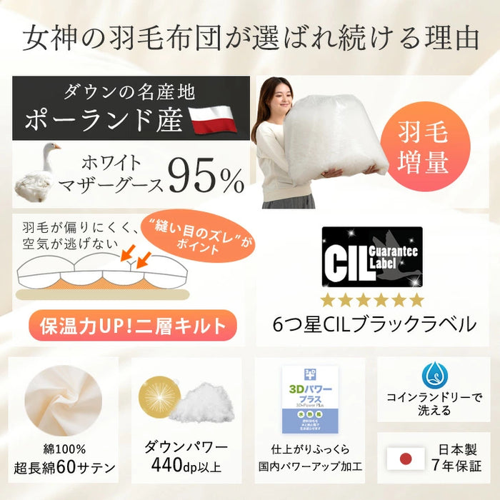 [セミダブル] 女神の羽毛布団 増量1.5kg ポーランド産マザーグースダウン95％ CILブラックラベル 二層キルト 440dp以上 かさ高180mm以上  60サテン 7年保証 日本製 〔10119048〕