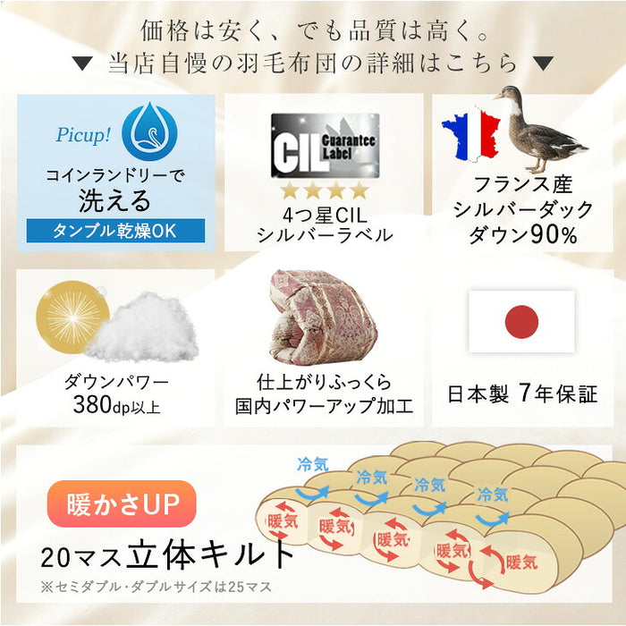 《2026スペシャル》［ダブル］羽毛布団 洗える ダックダウン90％ 立体キルト 380dp以上 日本製 軽量 暖かい〔11100461〕