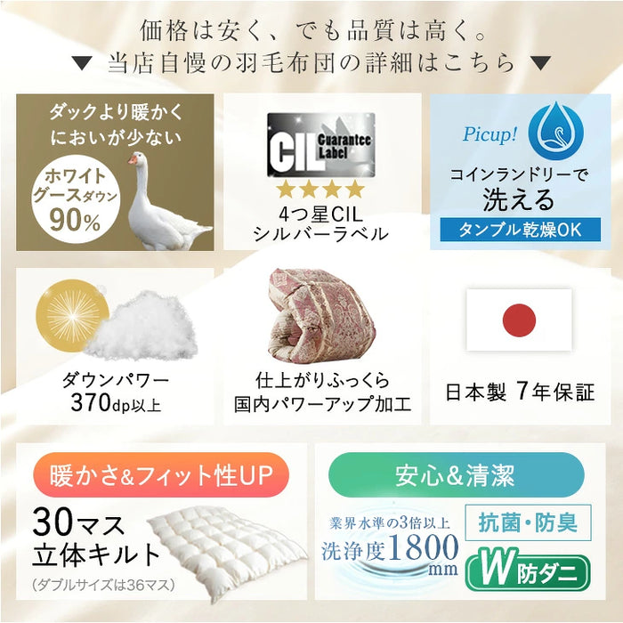 《2026スペシャル》 ［セミダブル］柄任せ 羽毛布団 グースダウン90％ ハンガリー産 30マス立体キルト コインランドリーで洗える 収納ケース付〔11100472〕