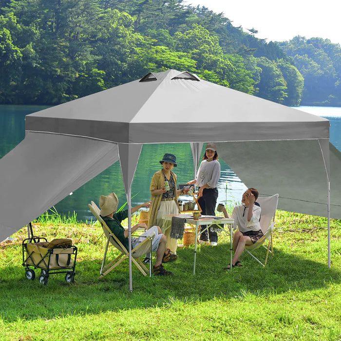 ［おもり4個セット サイドシート2枚付き］3m×3m タープテント 高さ3段階 ベンチレーション 収納バッグ UV 耐水〔74100075〕