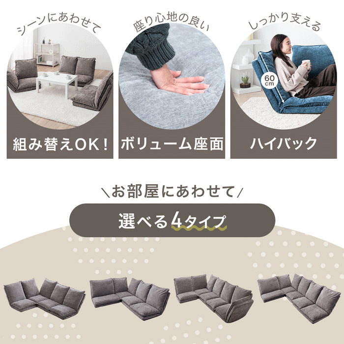 ［4点セット・Bタイプ］ハイバック ローソファ 14段階リクライニング ファブリック生地 ローソファ 座椅子〔15210201〕