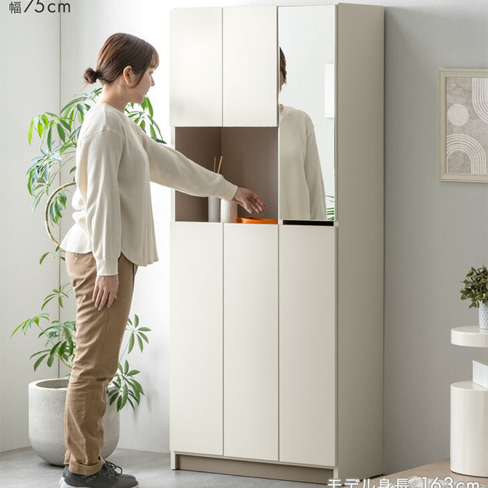 【新発売記念プライス】［幅90cm］シューズボックス ミラー付き 国産 完成品 ハイタイプ 大容量 可動棚 扉 日本製 大川家具〔17000008〕