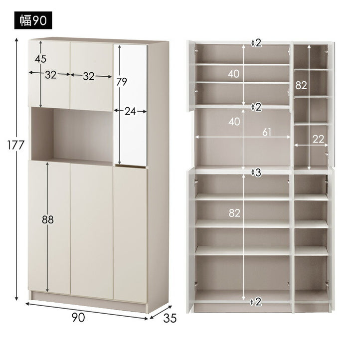 【新発売記念プライス】［幅90cm］シューズボックス ミラー付き 国産 完成品 ハイタイプ 大容量 可動棚 扉 日本製 大川家具〔17000008〕