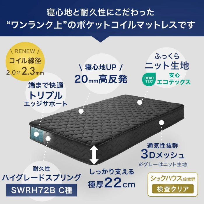 ［ダブル］ワンランク上の寝心地&耐久性 極厚22cm ポケットコイルマットレス 線径2.3mm トリプルエッジサポート ニット生地 ポケットコイル マットレス コイルマットレス 高反発〔17800008〕