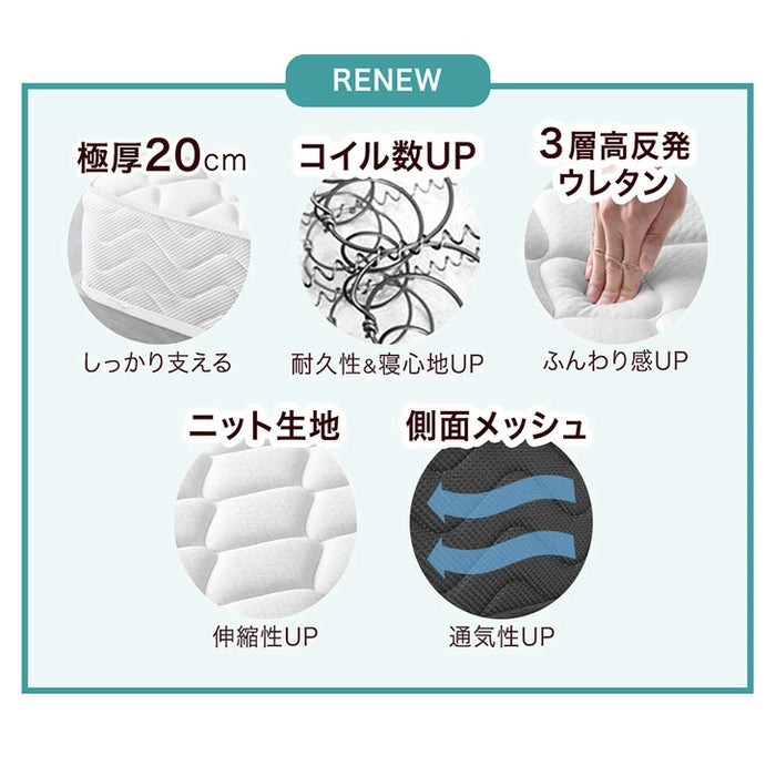 ［クイーン］寝心地＆耐久性UP!極厚20cm 高密度 ボンネルコイル マットレス 高反発 コイルマットレス ボンネルマットレス スプリングマット 厚め 硬め 通気性〔17800030〕