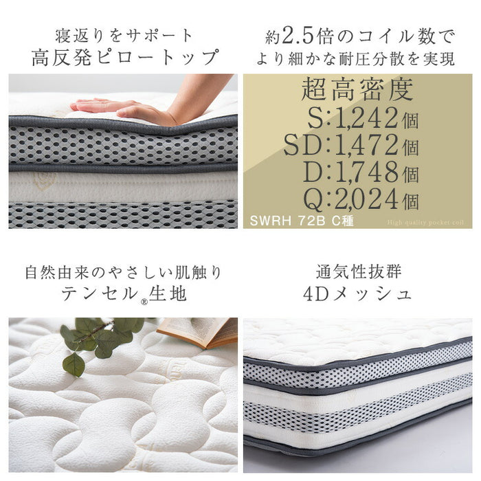 [ダブル］高反発ピロートップ ポケットコイルマットレス 25cm厚 超高密度コイル 通気性抜群4Dメッシュ〔17800163〕