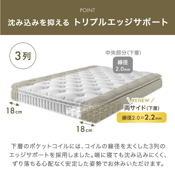 ［シングル］RENEW 寝心地UP 贅沢2層 ポケットコイルマットレス 極厚22cm 高反発ウレタン 抗菌 防臭〔17810160〕