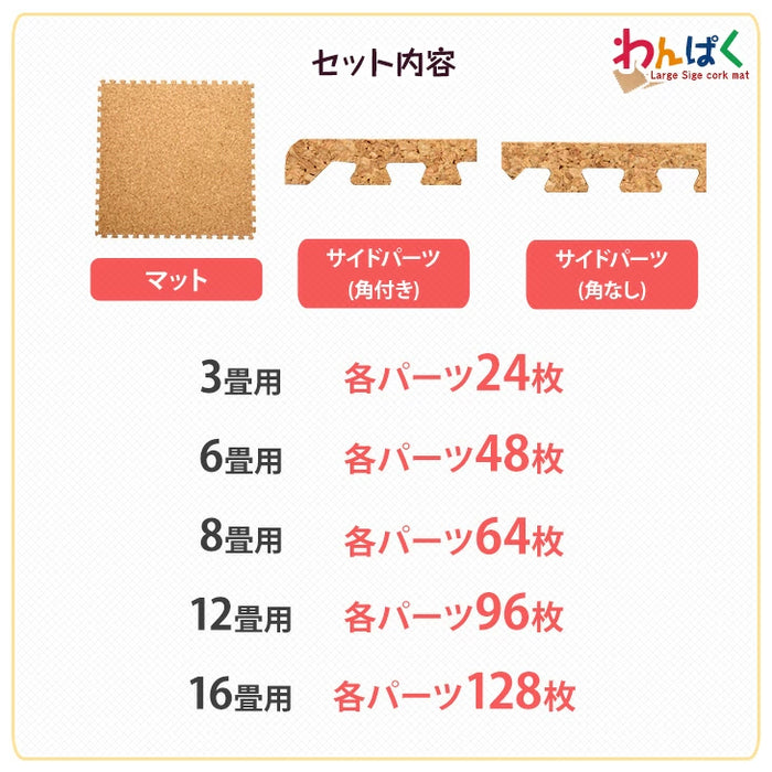 3畳 コルクマット 24枚 大判45cm サイドパーツ付防音 抗菌 防臭 オールシーズン 床暖房対応〔18700012〕
