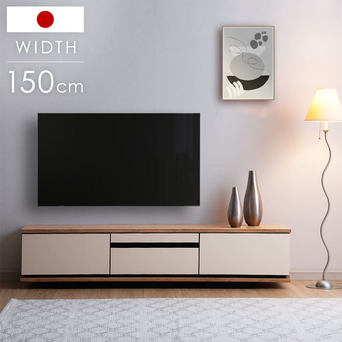 テレビ台 150cm 完成品 日本製 ロータイプ 木目調 レザー調 収納棚【超大型商品】〔24900076〕