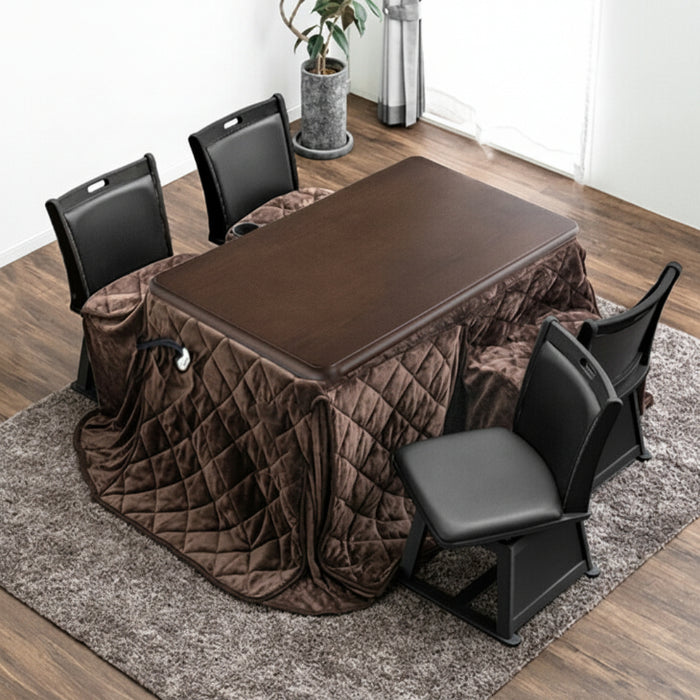 ［テーブル+掛布団+チェア4脚］ダイニングこたつ 6点セット 長方形 120×75cm 600W ハロゲンヒーター 手元コントローラー 高脚 4人掛け 回転椅子〔21300052〕