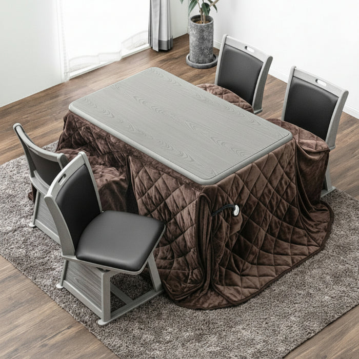 ［テーブル+掛布団+チェア4脚］ダイニングこたつ 6点セット 長方形 120×75cm 600W ハロゲンヒーター 手元コントローラー 高脚 4人掛け 回転椅子〔21300052〕
