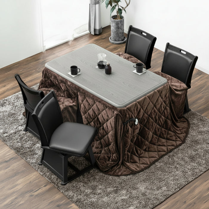 ［テーブル+掛布団+チェア4脚］ダイニングこたつ 6点セット 長方形 120×75cm 600W ハロゲンヒーター 手元コントローラー 高脚 4人掛け 回転椅子〔21300052〕
