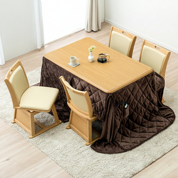 ［テーブル+掛布団+チェア4脚］ダイニングこたつ 6点セット 長方形 120×75cm 600W ハロゲンヒーター 手元コントローラー 高脚 4人掛け 回転椅子〔21300052〕