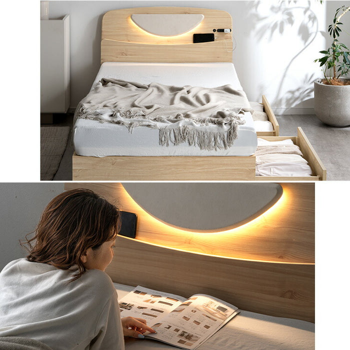 ［シングル］宮付きベッドフレーム単品 LEDライト 2口コンセント 引き出し収納付き〔23500022〕