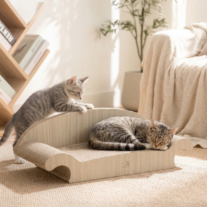 研ぎカスが出にくい 爪とぎ付 ソファ 高耐久 木目調 段ボール 止め研ぎベッド 猫用品 ペット用品〔23500026〕