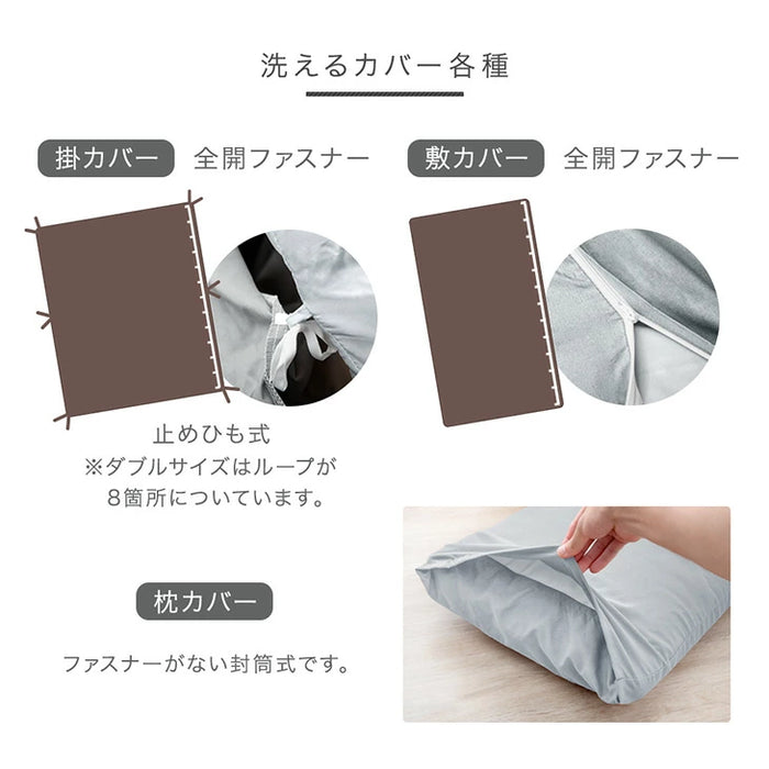 ［セミダブル］極厚固綿50mm ボリューム 布団セット カバー付き 7点 抗菌 防臭 洗える 掛け布団 敷布団 高反発 枕 来客用〔26700028〕