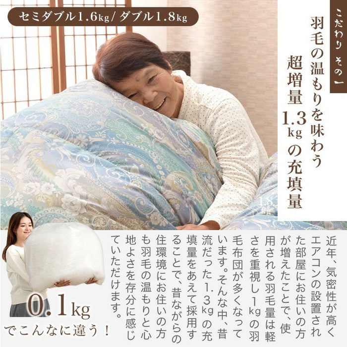 [ダブルロング] 75才以上のばあちゃんと開発“祖母の羽毛布団” ばあちゃん新聞 ホワイトダックダウン93% 二層キルト 60サテン 面100% ハードケース付 日本製 洗える 400dp以上〔11156739〕