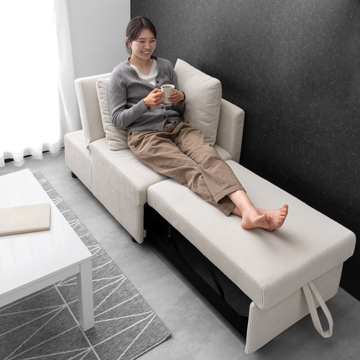 3WAY 1.5人掛け コーデュロイ カウチ ソファーベッド リクライニング 肘付き コンパクト〔82500015〕