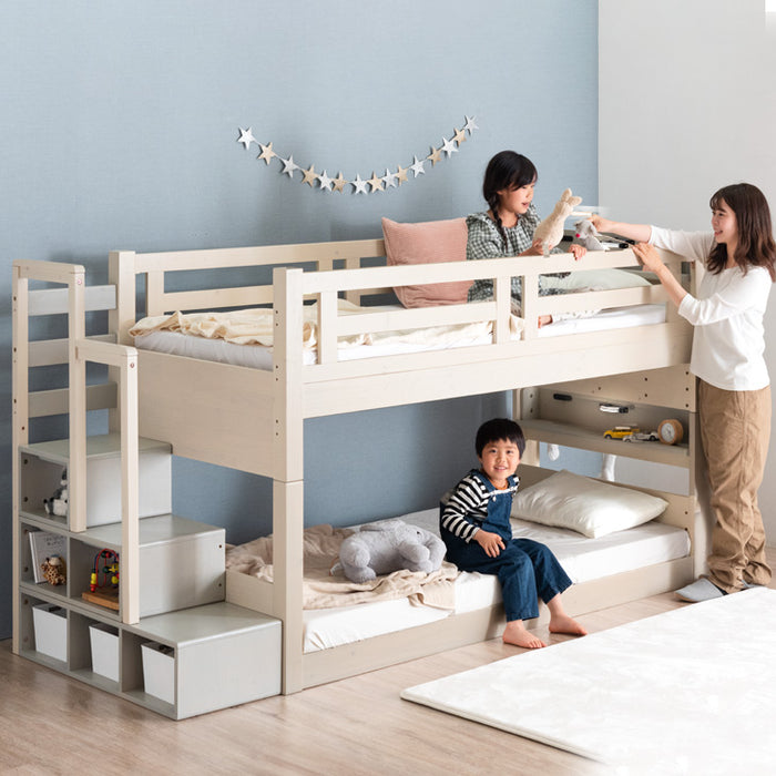 ［お得セット］現役ママが考えた 二段ベッド 高反発マットレス2枚付 階段ラック付 宮棚付 分離可能 LED照明 天然木 2口コンセント 【超大型商品】〔49601788〕