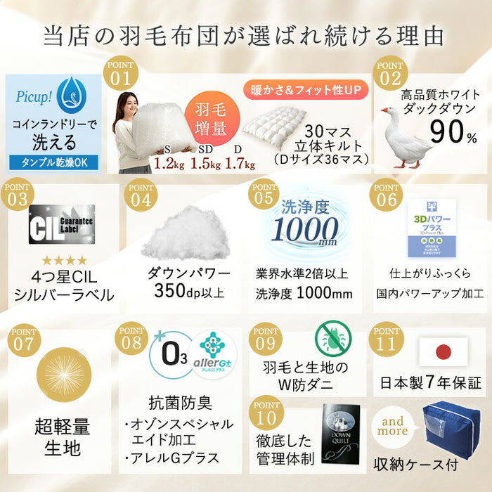 [セミダブル] 増量1.5kg 羽毛布団 ホワイトダックダウン90％ 30マス立体キルト CILシルバーラベル 350dp以上 かさ高145mm以上 収納ケース付き 日本製〔39100055〕