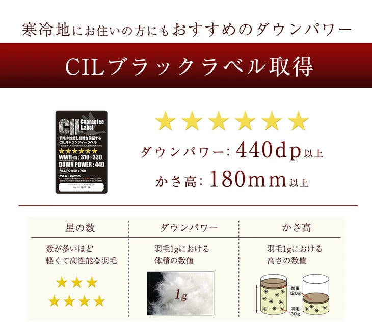 [シングル] 羽毛布団 ホワイトダックダウン95％ プラチナビッグクラスター CILブラックラベル 立体キルト 440dp以上 7年保証 日本製 〔39100057〕