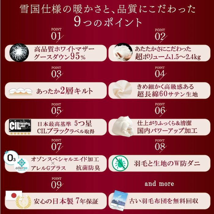 [ダブル] 羽毛布団 超増量2.0kg 日本製 マザーグースダウン95％ CILブラックラベル 二層キルト 440dp以上 かさ高180mm以上 超長綿 7年保証〔39100122〕