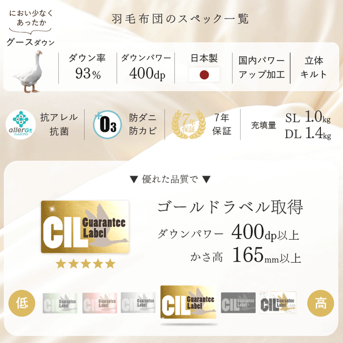 [ダブル] 柄任せ 羽毛布団 ホワイトグースダウン93％ CILゴールドラベル  立体キルト 400dp以上 かさ高165mm以上 7年保証 日本製 〔39100206〕