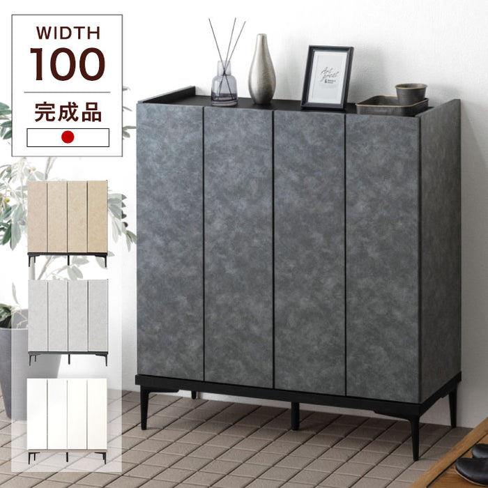 [幅100] シューズボックス 大川家具 完成品 大理石調 飾り棚 ロータイプ スリム 脚付き 棚板 コンパクト 消臭【超大型商品】〔17010098〕