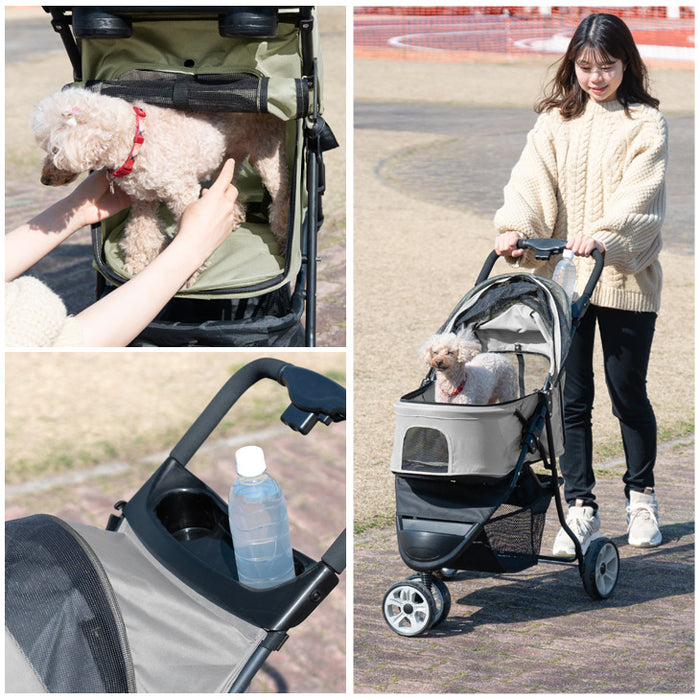 小回りがきく 3輪ペットカート 折り畳み式 耐荷重20kg カート下収納カゴ 小型犬〔41000002〕