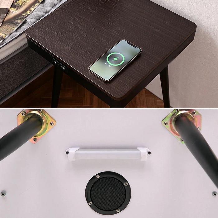 スピーカー内蔵 テーブル ワイヤレス接続＆充電 USB ライト付き ベッドサイドテーブル 木製〔41900039〕