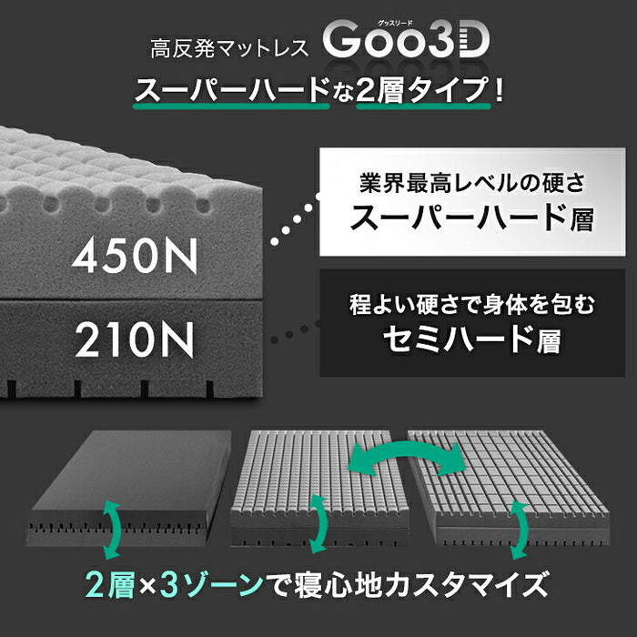 ［ダブル］マットレス 極厚20cm スーパーハード450N 三つ折り 洗えるカバー 硬め Goo3D《グッスリード》〔43300180〕