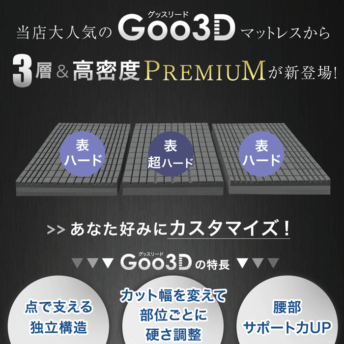 ［シングル］こだわりの3層構造 高反発マットレス 3つ折り 洗えるカバー プロファイル メッシュ Goo3D《グッスリード》プレミアム〔43300199〕