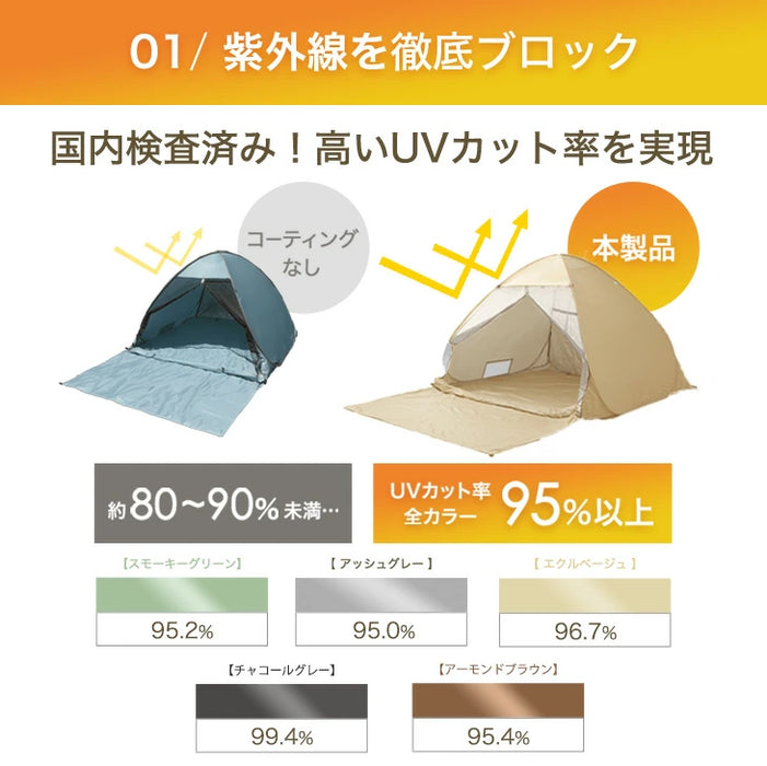 《めざましテレビで紹介》［200cm］サンシェード付 ポップアップテント 遮熱 2～3人用 両面メッシュ フルクローズ uvカット 遮光〔43500002〕