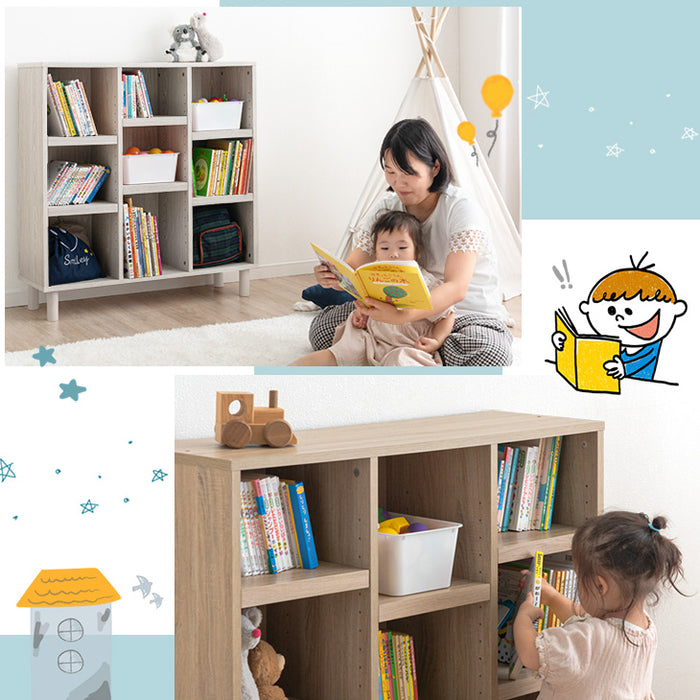 ［2台セット］幅90 絵本棚 3段 高さ19段階 おもちゃ収納 木製 収納ラック キッズラック 本棚 ラック〔49600263〕