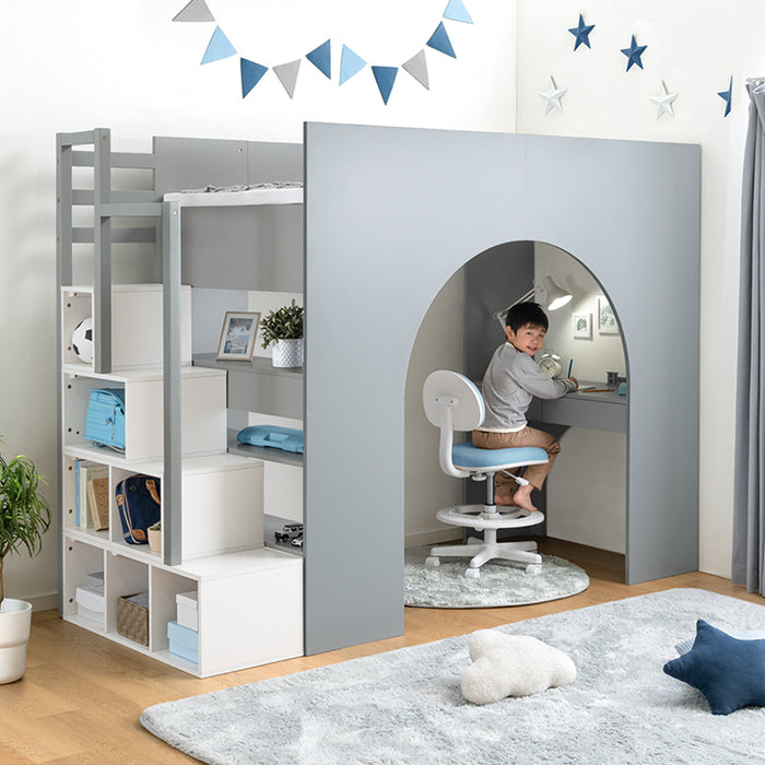 ロフトベッド シングル 木製 階段 収納 デスク 学習机 システムベッドHIDE-A ARCH 【超大型商品】〔49600384〕