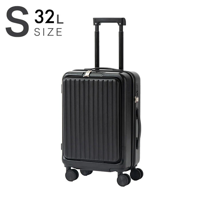 【アウトレット 在庫限り品】 機内持ち込みOK Sサイズ 多機能キャリーケース 32L フロントオープン USB type-c カップホルダー おしゃれ ジェットブラック〔8420000025・out3000〕