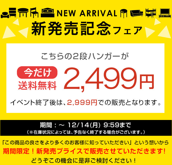 【新発売記念プライス】［1個］収納力UP! 吊り下げ収納 クローゼット フック付き 高さ3段階 衣類収納 ハンガーラック 2段〔84300087〕