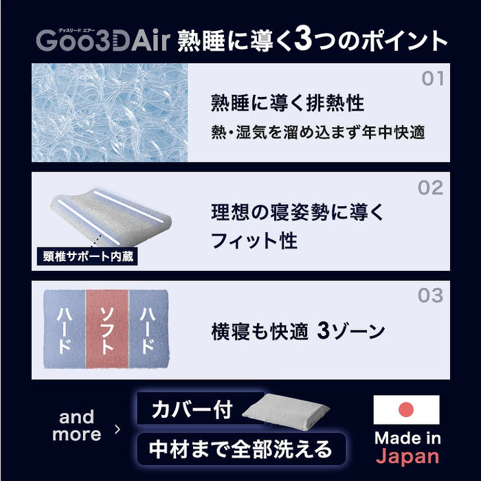 【新発売記念プライス】空気でできた熟睡枕 Goo3D Air 枕 カバー付 洗える 防ダニ 高反発 日本製 体圧分散 ウェーブ型〔51300051〕