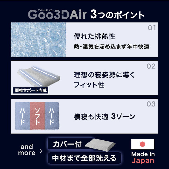 【新発売記念】［イヤーポケットタイプ］空気でできた枕 Goo3D Air 枕 カバー付 洗える 防ダニ 高反発 日本製 体圧分散 ウェーブ型〔51300052〕