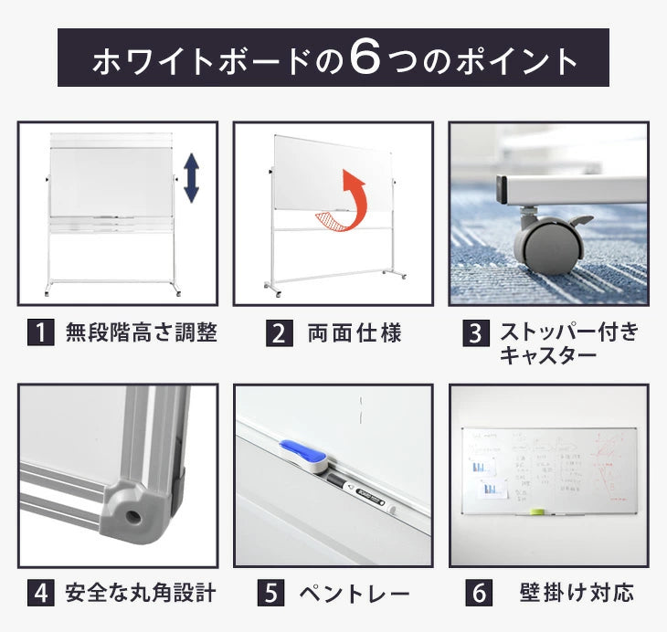法人様限定 ホワイトボード 180×90 両面仕様 壁面取付も対応 360°回転 キャスター付き 〔64500003〕