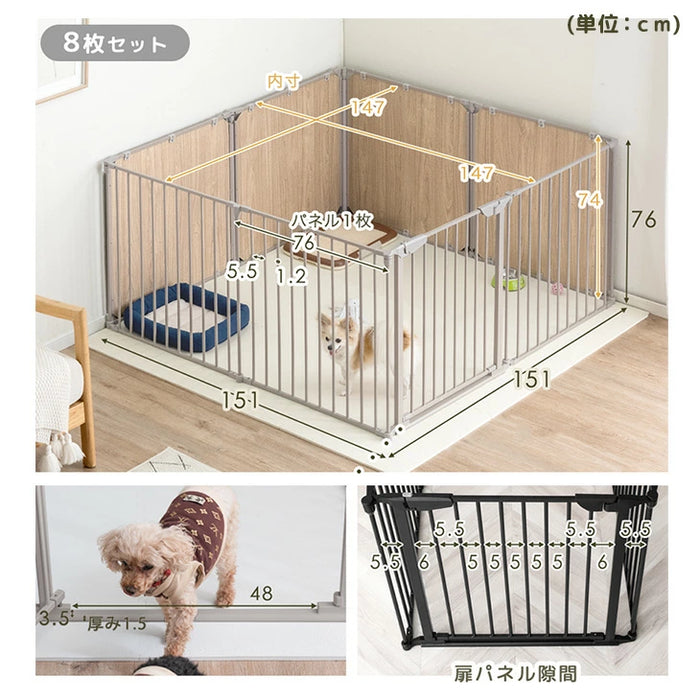 ［6枚］ペットサークル 壁ガード付 木目調 ドア付き 折り畳み 組み換えOK〔64900014a〕
