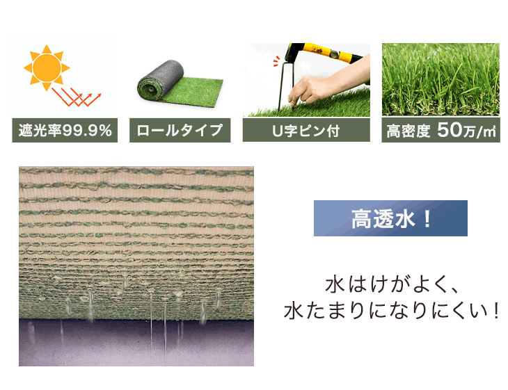 ［1×10m］水はけ4倍 防草機能付き 人工芝 芝丈20mm 高密度50万本/㎡ リアル人工芝 ロール ガーデン〔66700090〕