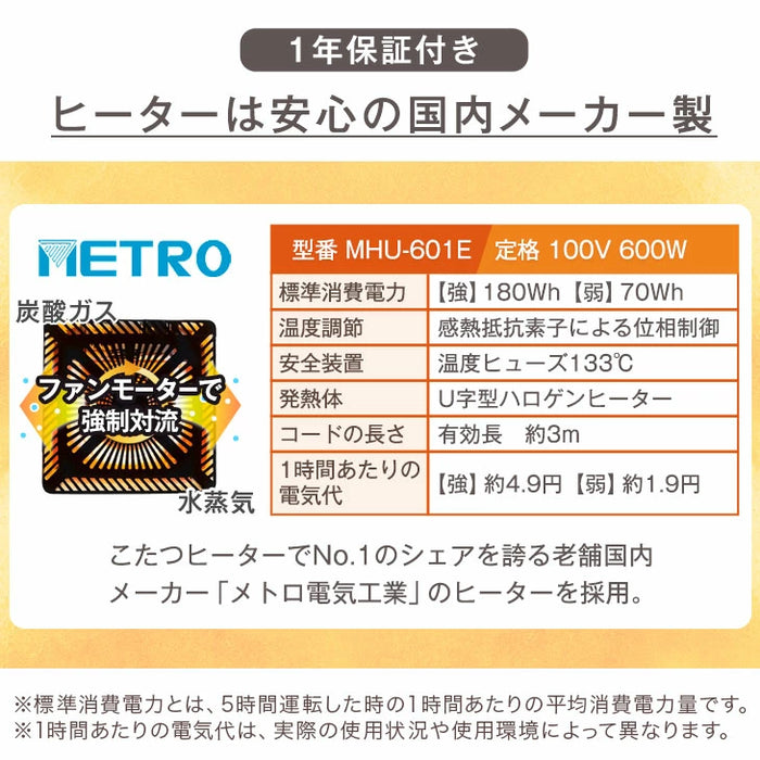 ［120×75cm］傷に強いUV塗装 こたつ テーブル単品 長方形 600W ハロゲンヒーター 手元コントローラー 継ぎ脚 コード収納ボックス〔68140094〕