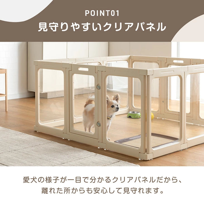 ［12枚］愛犬と目が合う クリア ペットサークル 組み替え 2ドア ドア付き 透明 ケージ ペットケージ 正方形〔72500015〕
